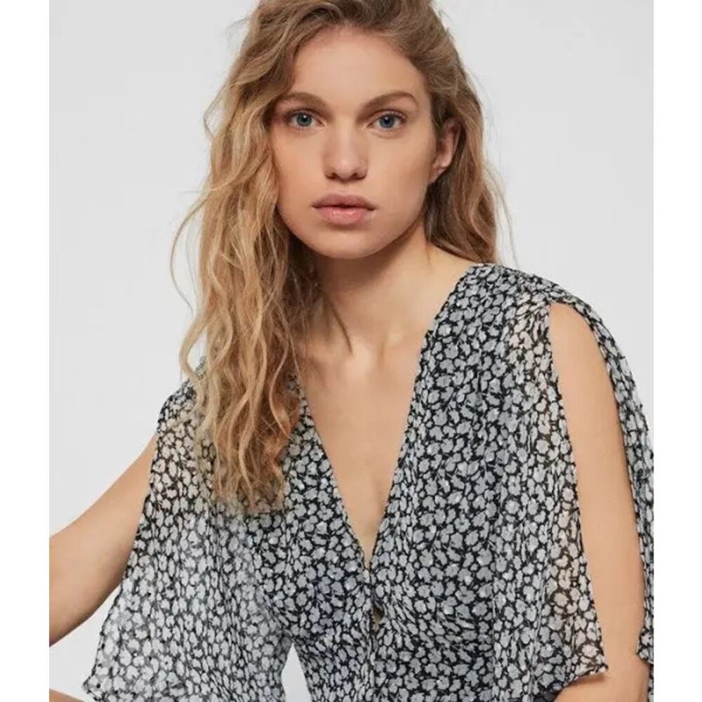 All Saints Ivy Gray Scatter Floral Print Belted Tie Waist A-Line Mini Dress Sz 2 - Picture 3 of 16
